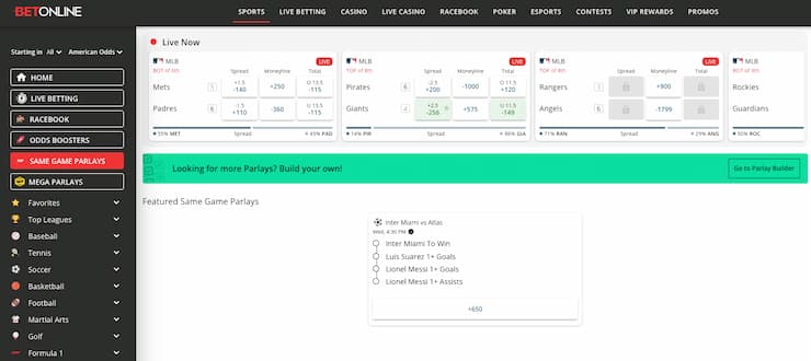 An image of the same game parlays display at BetOnline. A leading sportsbook for placing a parlay bet.